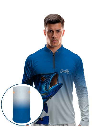 Combo Premium Camisa de Pesca Pro Elite Tucunaré Azul A Lenda do Azulão Glaciar – Dry UV50+ e Punho Luva + Máscara DryUv50