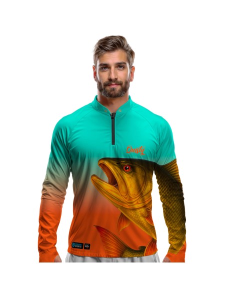 Camisa de Pesca Dourado do Rio Verde Musgo Dryfit com proteção UV50+ e punho luva