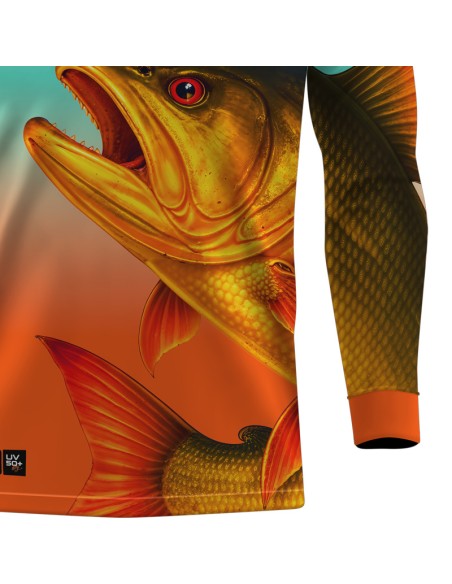 Combo Premium Camisa de Pesca Pro Elite Dourado do Rio Fúria Dourada Aurora – Dry UV50+ e Punho Luva + Máscara DryUv50