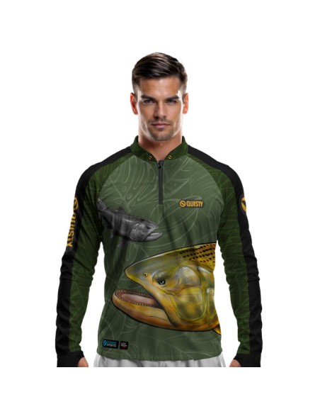 Camisa de Pesca Dourado Do Rio Verde Musgo Dryfit com proteção UV50+ e punho luva