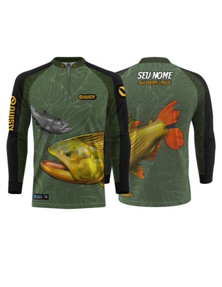 Camisa de Pesca Dourado Do Rio Verde Musgo frente e costas Dryfit com proteção UV50+ e punho luva