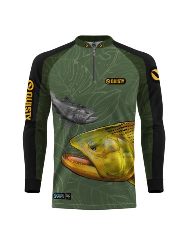Camisa de Pesca Dourado Do Rio Verde Musgo vista frontal Dryfit com proteção UV50+ e punho luva