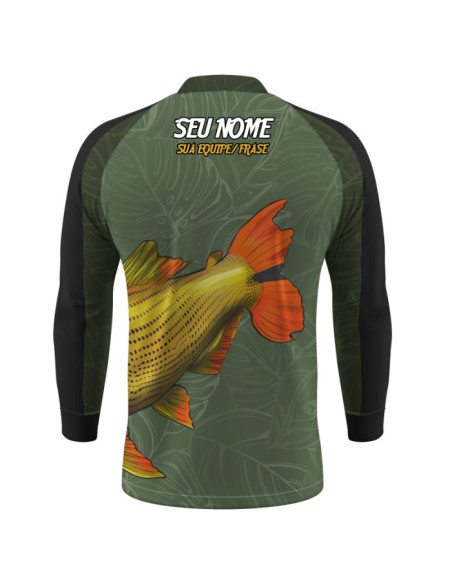 Camisa de Pesca Dourado Do Rio Verde Musgo vista traseira Dryfit com proteção UV50+ e punho luva