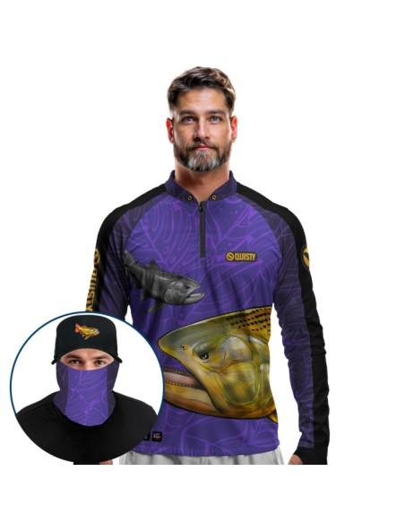 Supercombo de Pesca Dourado Do Rio Roxo Dryfit com camisa punholuva Dry UV50+, Máscara e Boné