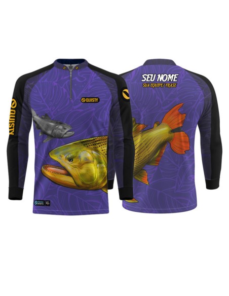 Supercombo de Pesca Dourado Do Rio Roxo frente e costas Dryfit com camisa punholuva Dry UV50+, Máscara e Boné