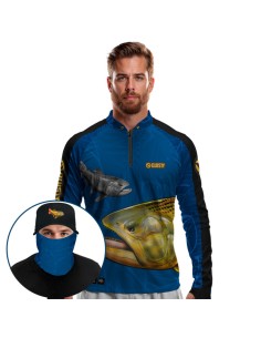 Supercombo de Pesca Dourado Do Rio Azul Dryfit com camisa punholuva Dry UV50+, Máscara e Boné