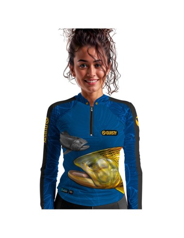 Modelo feminina vestindo Supercombo de Pesca Dourado Do Rio Azul Dryfit com camisa punholuva Dry UV50+, Máscara e Boné