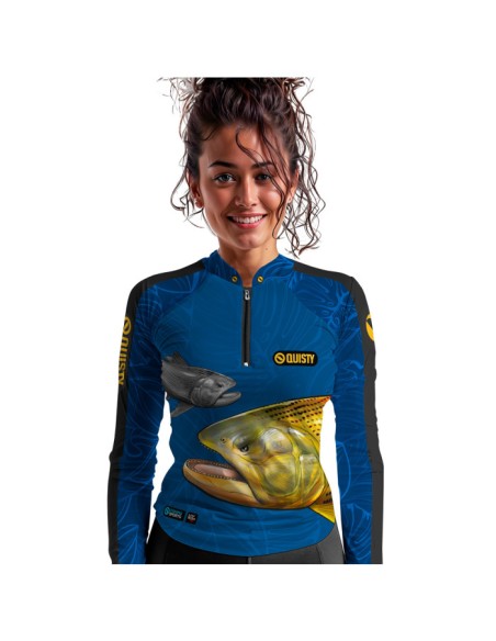Modelo feminina vestindo Supercombo de Pesca Dourado Do Rio Azul Dryfit com camisa punholuva Dry UV50+, Máscara e Boné