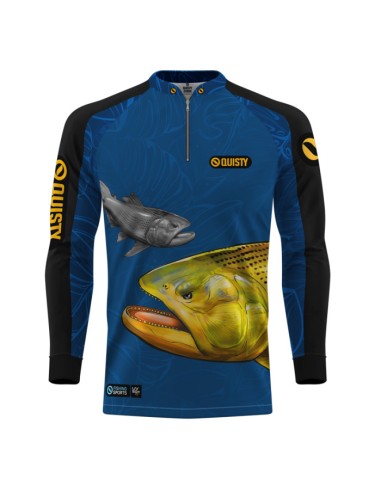 Supercombo de Pesca Dourado Do Rio Azul vista frontal Dryfit com camisa punholuva Dry UV50+, Máscara e Boné