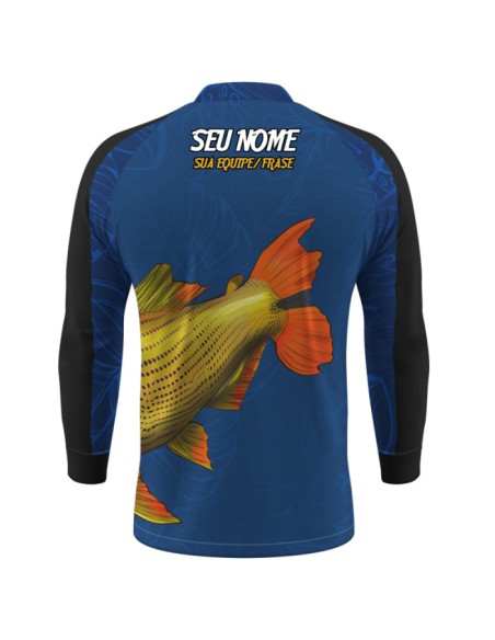 Supercombo de Pesca Dourado Do Rio Azul vista traseira Dryfit com camisa punholuva Dry UV50+, Máscara e Boné