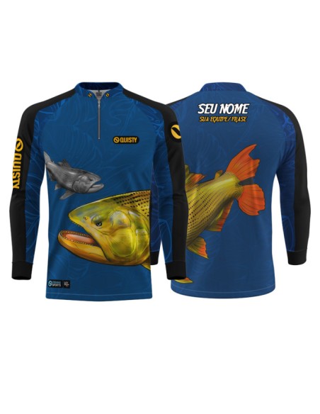 Supercombo de Pesca Dourado Do Rio Azul frente e costas Dryfit com camisa punholuva Dry UV50+, Máscara e Boné