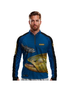Camisa de Pesca Dourado Do Rio Azul Dryfit com proteção UV50+ e punho luva