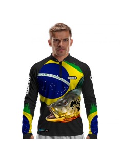 Camisa de Pesca Tucunaré Orgulho Brasileiro Dryfit com proteção UV50+ e punho luva
