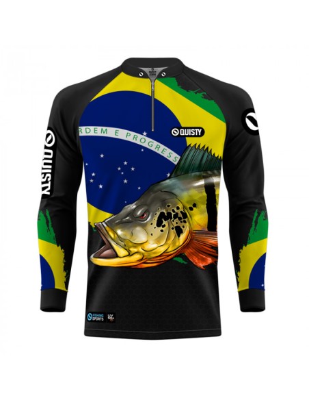 Camisa de Pesca Tucunaré Orgulho Brasileiro vista frontal Dryfit com proteção UV50+ e punho luva
