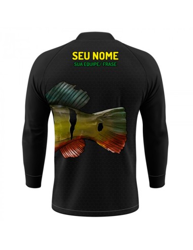 Camisa de Pesca Tucunaré Orgulho Brasileiro vista traseira Dryfit com proteção UV50+ e punho luva