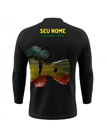 Combo de Pesca Tucunaré Orgulho Brasileiro vista traseira Dryfit com camisa punholuva Dry UV50+ e Máscara