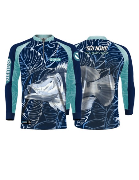 Camisa de Pesca Tucunaré Azul Sky frente e costas Dryfit com proteção UV50+ e punho luva