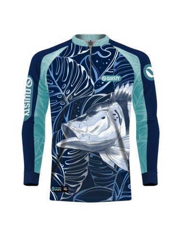 Camisa de Pesca Tucunaré Azul Sky vista frontal Dryfit com proteção UV50+ e punho luva