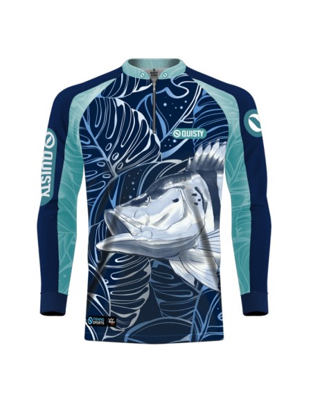 Camisa de Pesca Tucunaré Azul Sky vista frontal Dryfit com proteção UV50+ e punho luva
