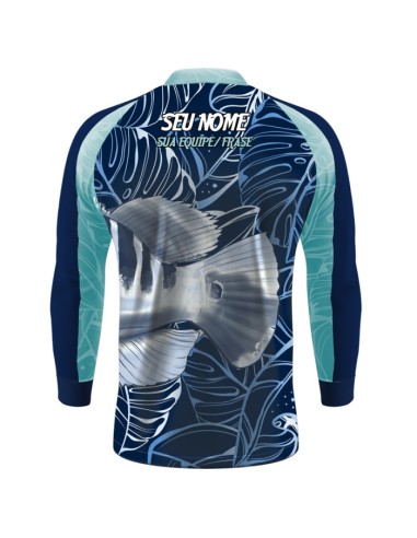 Combo de Pesca Tucunaré Azul Sky vista traseira Dryfit com camisa punholuva Dry UV50+ e Máscara