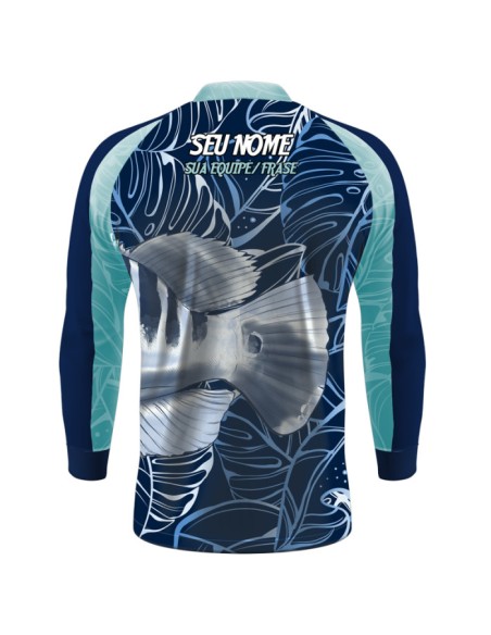 Supercombo de Pesca Tucunaré Azul Sky vista traseira Dryfit com camisa punholuva Dry UV50+, Máscara e Boné
