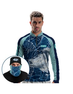 Supercombo de Pesca Tucunaré Azul Sky Dryfit com camisa punholuva Dry UV50+, Máscara e Boné