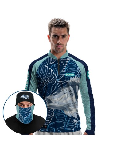 Supercombo de Pesca Tucunaré Azul Sky Dryfit com camisa punholuva Dry UV50+, Máscara e Boné
