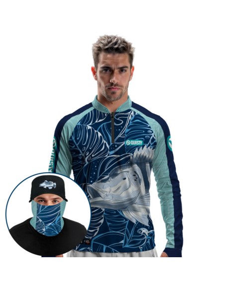 Supercombo de Pesca Tucunaré Azul Sky Dryfit com camisa punholuva Dry UV50+, Máscara e Boné