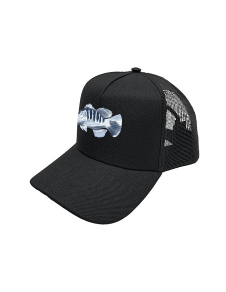 Detalhe da estampa sublimada Supercombo de Pesca Tucunaré Azul Sky com camisa punholuva Dry UV50+, Máscara e Boné