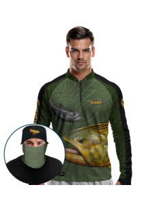 Supercombo de Pesca Dourado Do Rio Verde Musgo Dryfit com camisa punholuva Dry UV50+, Máscara e Boné