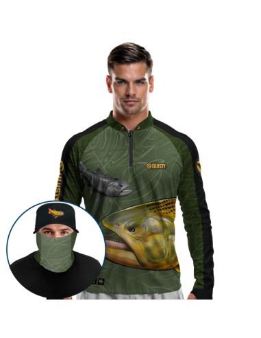 Supercombo de Pesca Dourado Do Rio Verde Musgo Dryfit com camisa punholuva Dry UV50+, Máscara e Boné