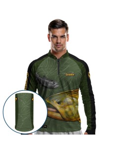 Combo de Pesca Dourado Do Rio Verde Musgo Dryfit com camisa punholuva Dry UV50+ e Máscara