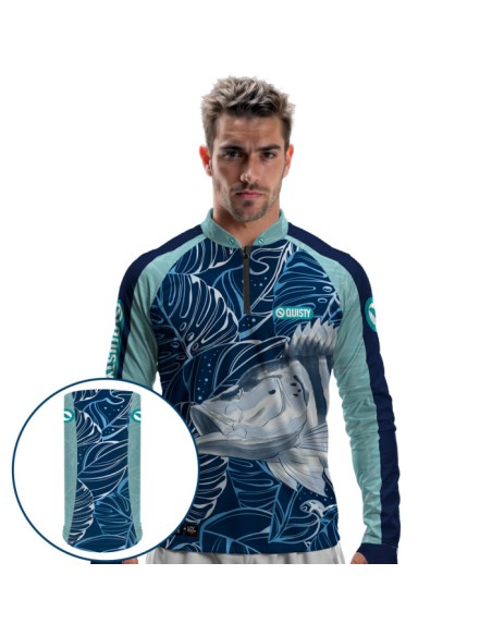 Combo de Pesca Tucunaré Azul Sky Dryfit com camisa punholuva Dry UV50+ e Máscara