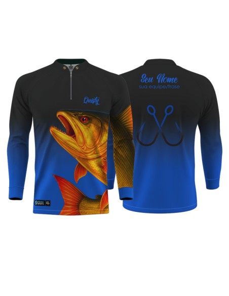 Camisa de Pesca Dourado do Rio Fúria Dourada Oceano frente e costas Dryfit com proteção UV50+ e punho luva
