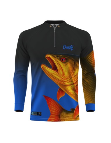 Camisa de Pesca Dourado do Rio Fúria Dourada Oceano vista frontal Dryfit com proteção UV50+ e punho luva