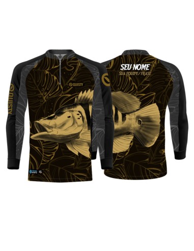 Camisa de Pesca Pesca Tucunaré Azul Gold frente e costas Dryfit com proteção UV50+ e punho luva