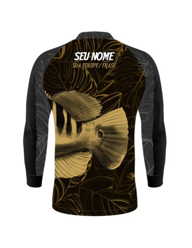 Camisa de Pesca Pesca Tucunaré Azul Gold vista traseira Dryfit com proteção UV50+ e punho luva