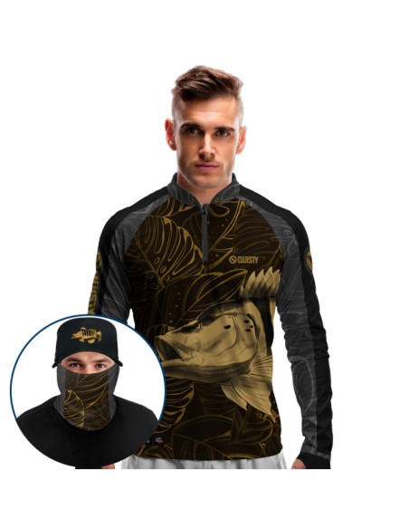 Supercombo de Pesca Pesca Tucunaré Azul Gold Dryfit com camisa punholuva Dry UV50+, Máscara e Boné