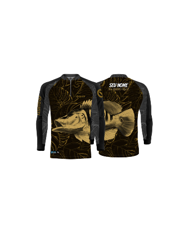 Supercombo de Pesca Pesca Tucunaré Azul Gold frente e costas Dryfit com camisa punholuva Dry UV50+, Máscara e Boné