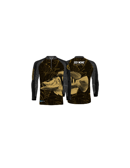 Supercombo de Pesca Pesca Tucunaré Azul Gold frente e costas Dryfit com camisa punholuva Dry UV50+, Máscara e Boné