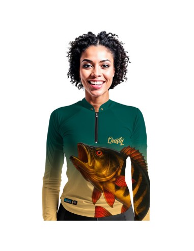 Modelo feminina vestindo Supercombo de Pesca Dourado do Rio Fúria Dourada Oceano Dryfit