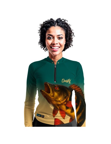 Modelo feminina vestindo Supercombo de Pesca Dourado do Rio Fúria Dourada Oceano Dryfit