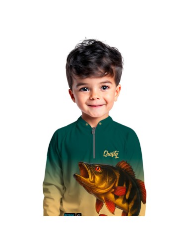 Modelo infantil vestindo Supercombo de Pesca Dourado do Rio Fúria Dourada Oceano Dryfit