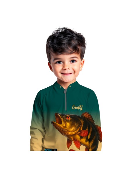 Modelo infantil vestindo Supercombo de Pesca Dourado do Rio Fúria Dourada Oceano Dryfit