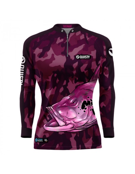 Camisa de Pesca Tucunaré Pantanal Feminina vista frontal Dryfit com proteção UV50+ e punho luva