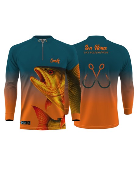 Combo de Pesca Dourado Do Rio Fúria Dourada Imperial frente e costas Dryfit com camisa punholuva Dry UV50+ e Máscara