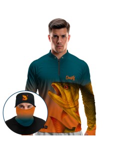 Supercombo de Pesca Dourado do Rio Fúria Dourada Imperial Dryfit com camisa punholuva Dry UV50+, Máscara e Boné