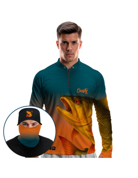 Supercombo de Pesca Dourado do Rio Fúria Dourada Imperial Dryfit com camisa punholuva Dry UV50+, Máscara e Boné
