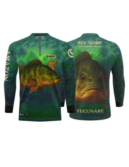 Camisa de Pesca Tucunaré Amazon frente e costas Dryfit com proteção UV50+ e punho luva