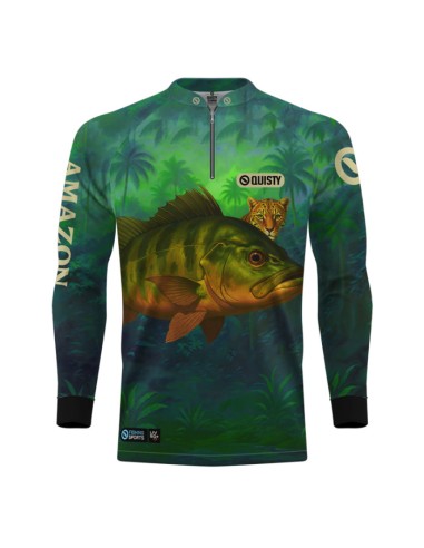 Camisa de Pesca Tucunaré Amazon vista frontal Dryfit com proteção UV50+ e punho luva